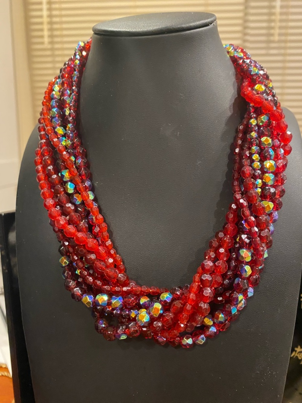 Red Multi-Strand Faceted AB Beaded Necklace - Elegant Women's Jewelry